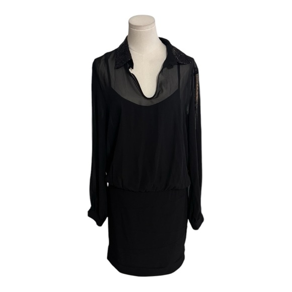 BISOU BISOU Little Black Dress Mini Sheer Long Slit Sleeve Sequin Party Size 10 - Picture 7 of 7